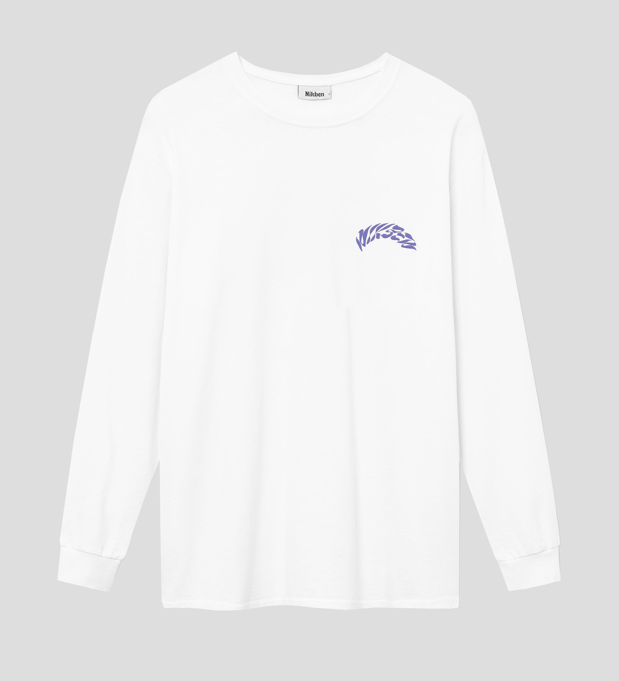 White long-sleeved t-shirt with purple "Nikben" logo on the chest.