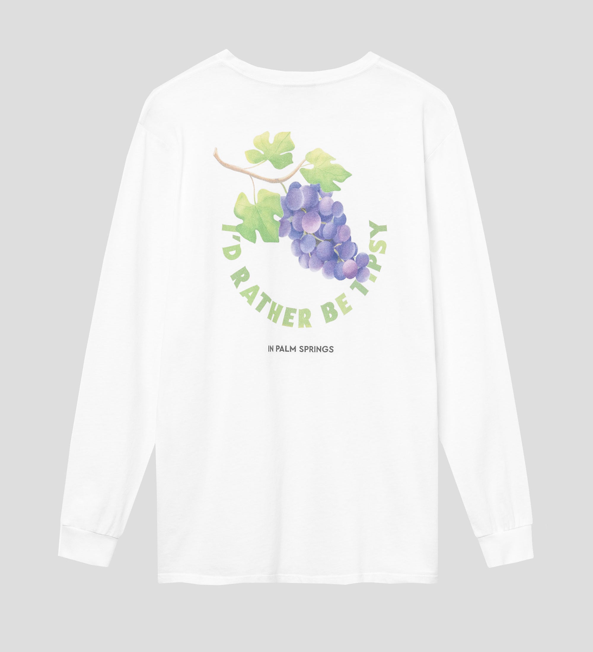 White long-sleeved t-shirt with large back print.