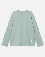 Mint green waffle-patterned sweatshirt with a stitched-on material label.