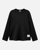 Black waffle-patterned sweatshirt with a stitched-on material label.