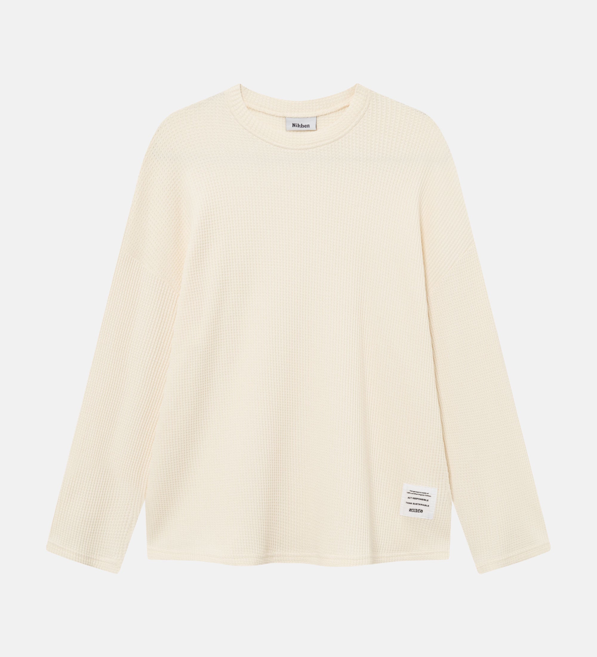 Off-white waffle-patterned sweatshirt with a stitched-on material label.