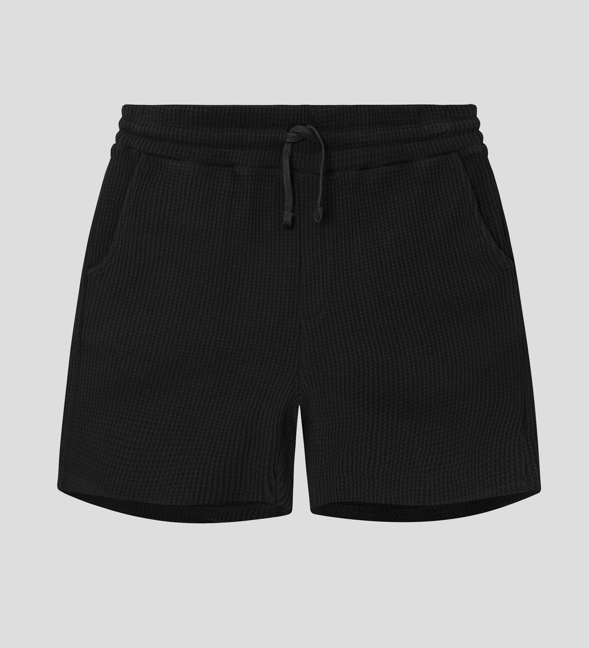 Black mid length shorts with drawstring and two side pockets