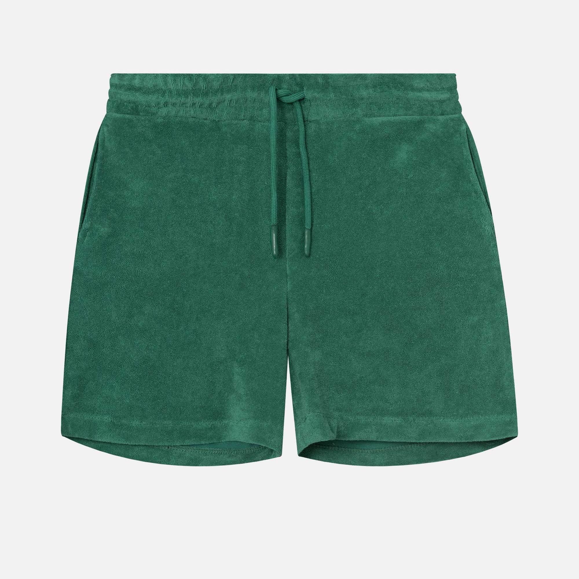 Green mid length shorts in terry toweling fabric with drawdtring and two side pockets.