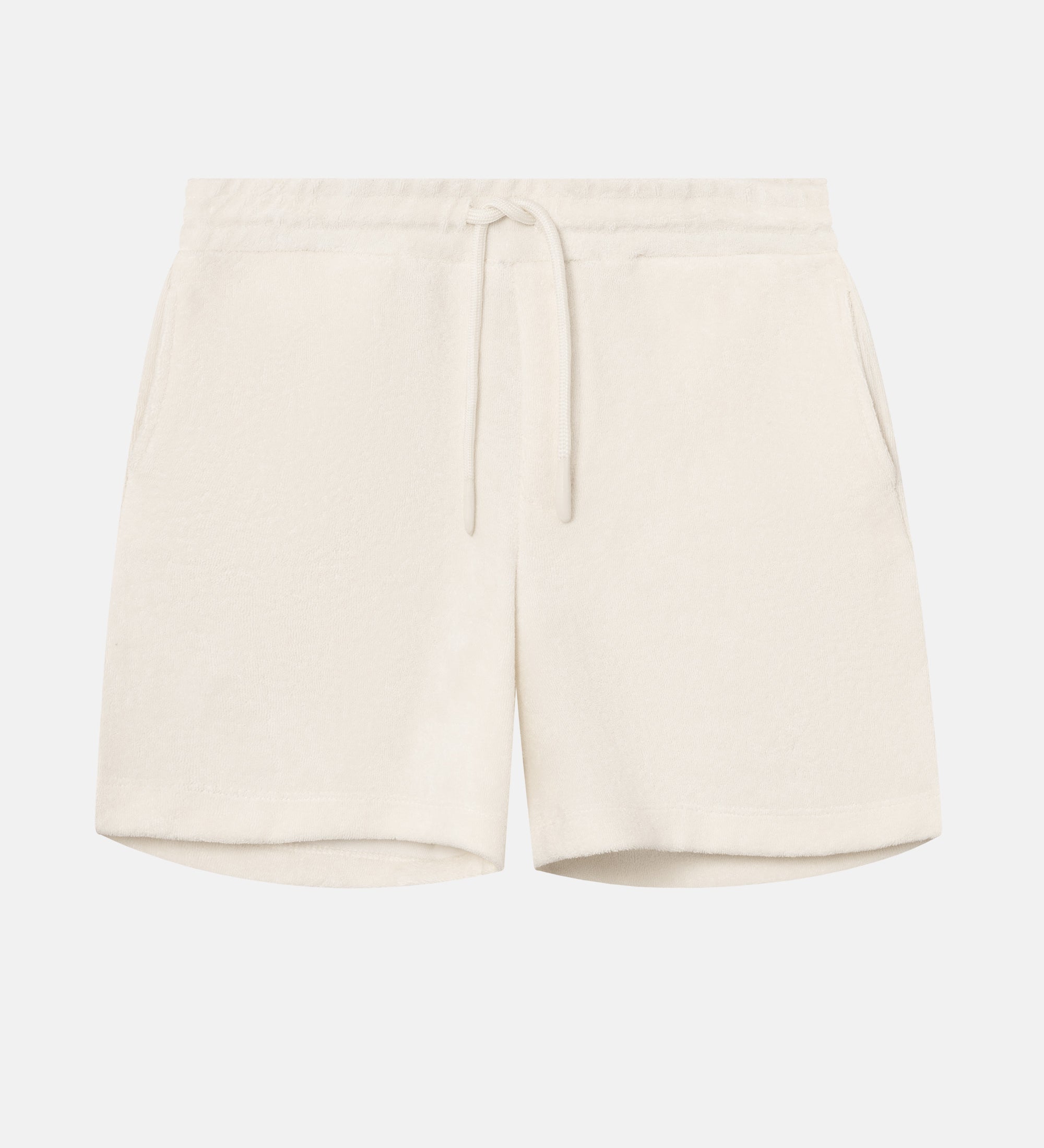 White mid length shorts in terry toweling fabric with drawdtring and two side pockets.