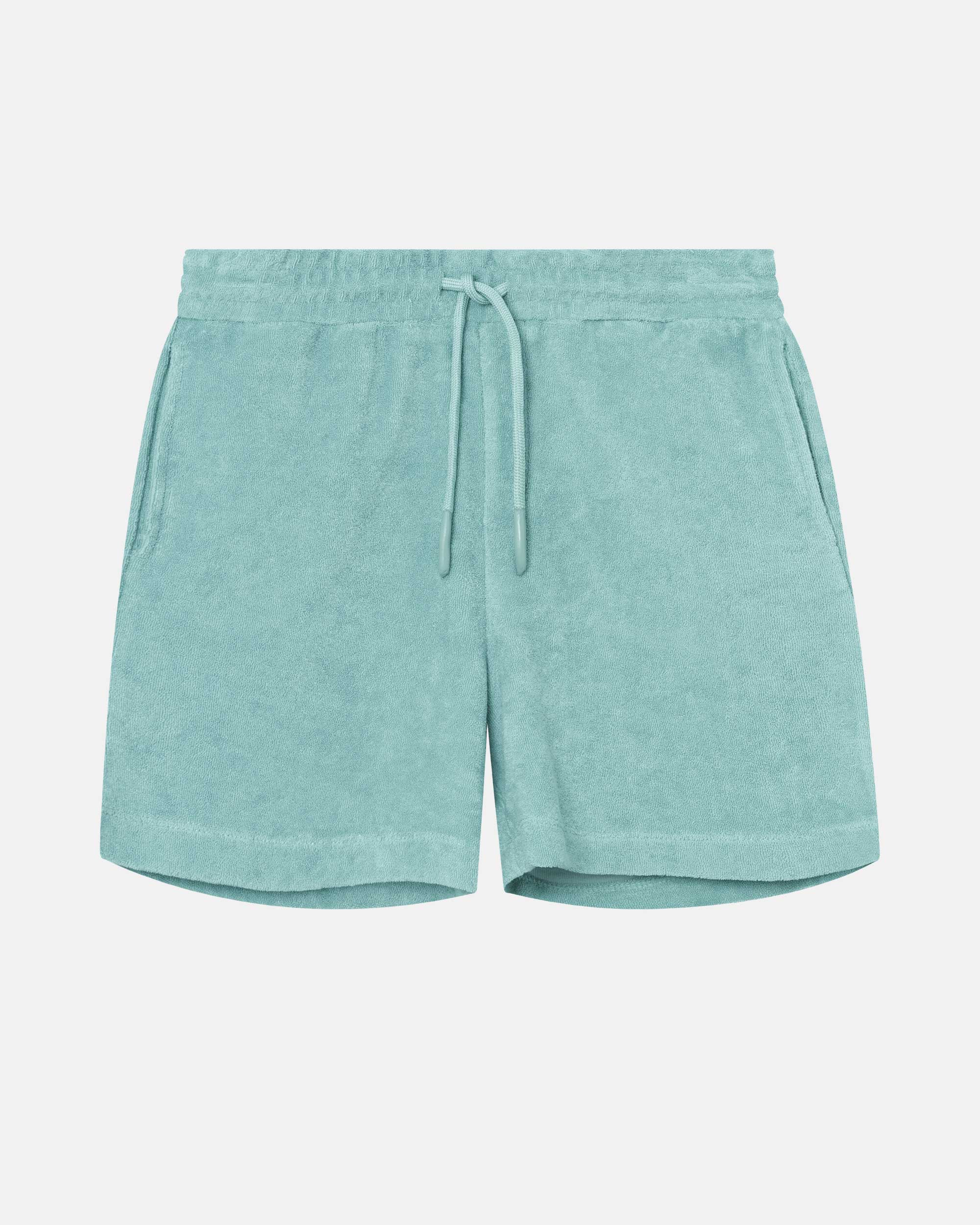Grey-green mid length shorts in terry toweling fabric with drawdtring and two side pockets.