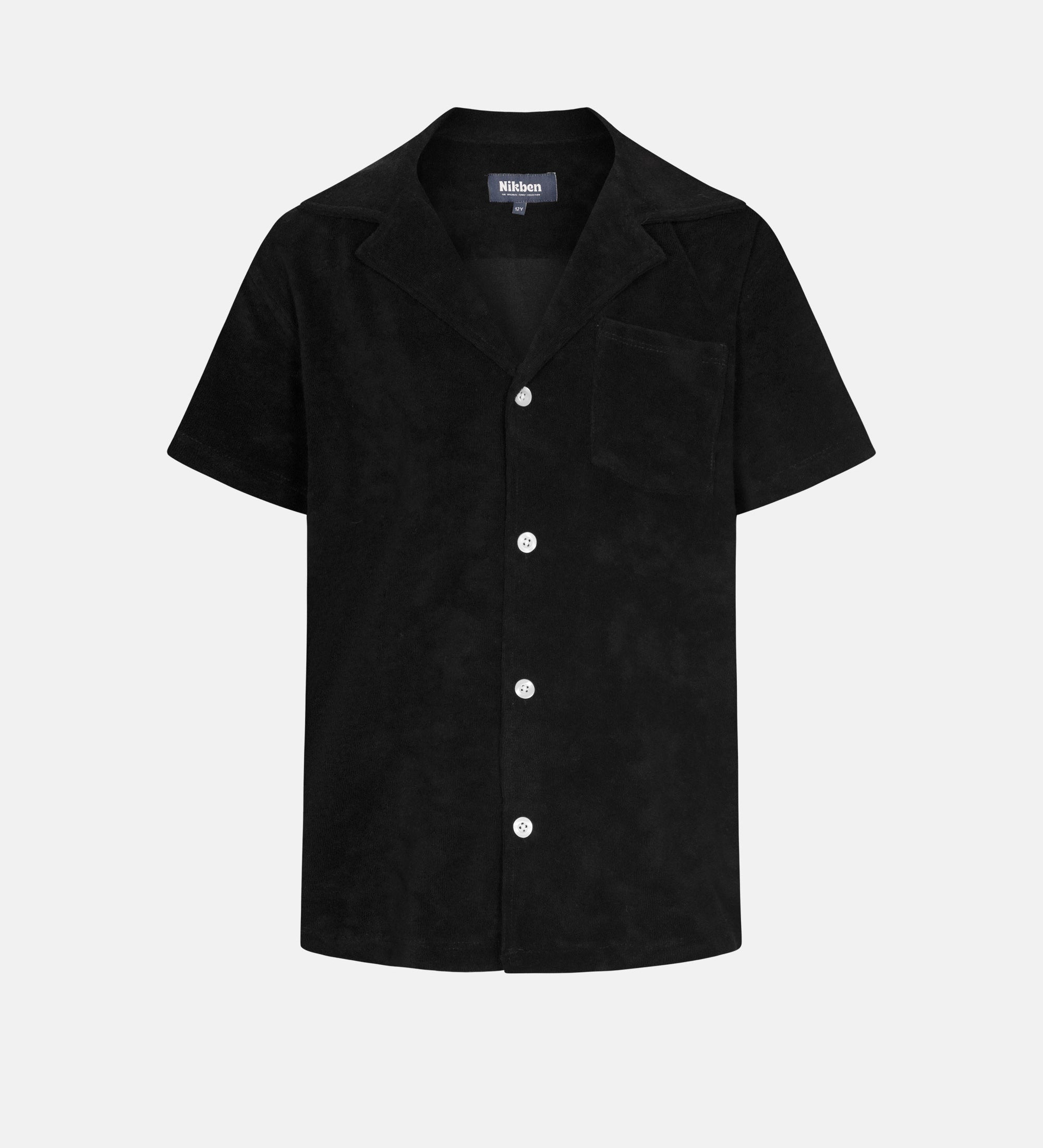 Black short sleeve shirt for kids with white button closure and one chest pocket