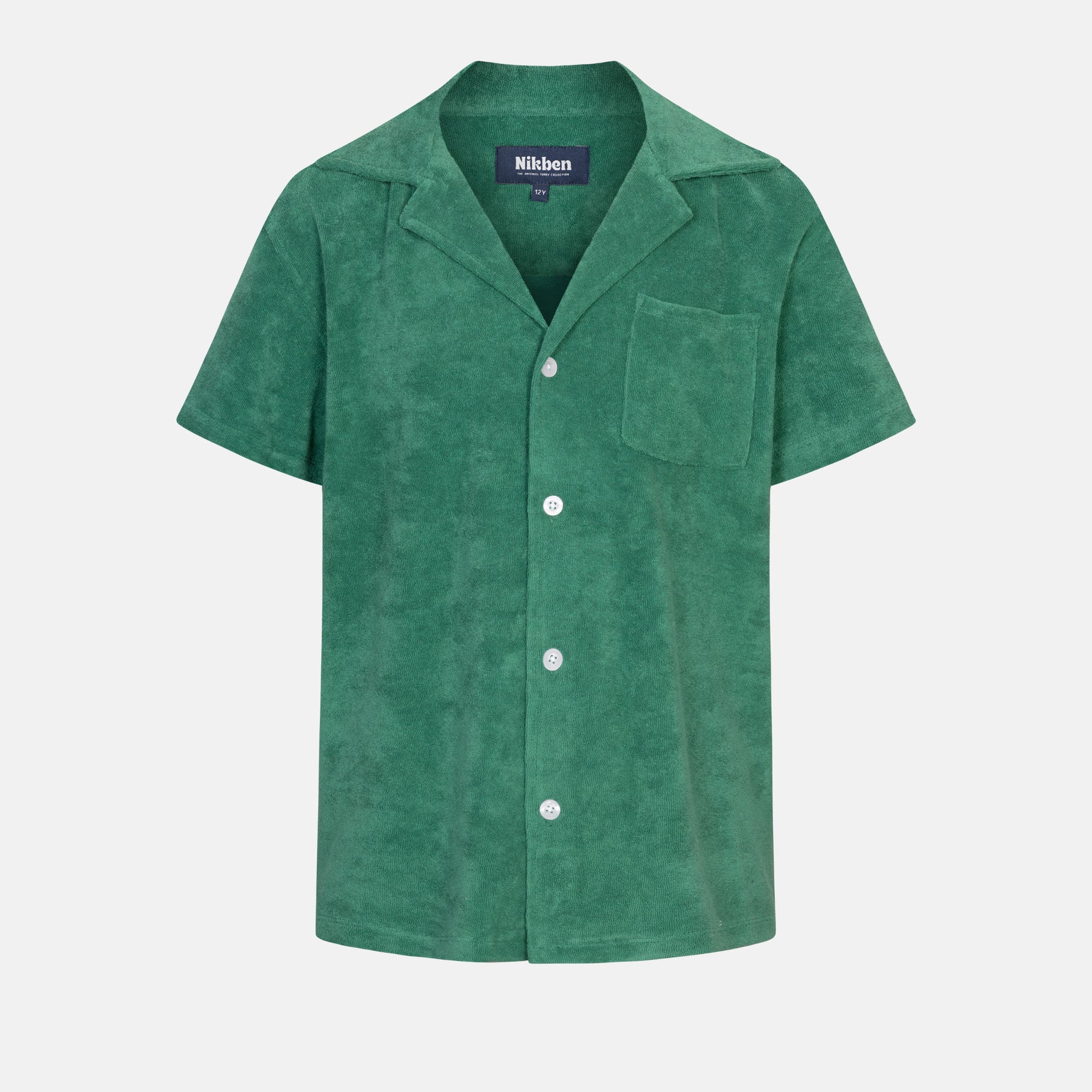 Green short sleeve shirt for kids with white button closure and one chest pocket