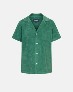 Green short sleeve shirt for kids with white button closure and one chest pocket