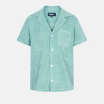 Light green short sleeve shirt for kids with white button closure and one chest pocket