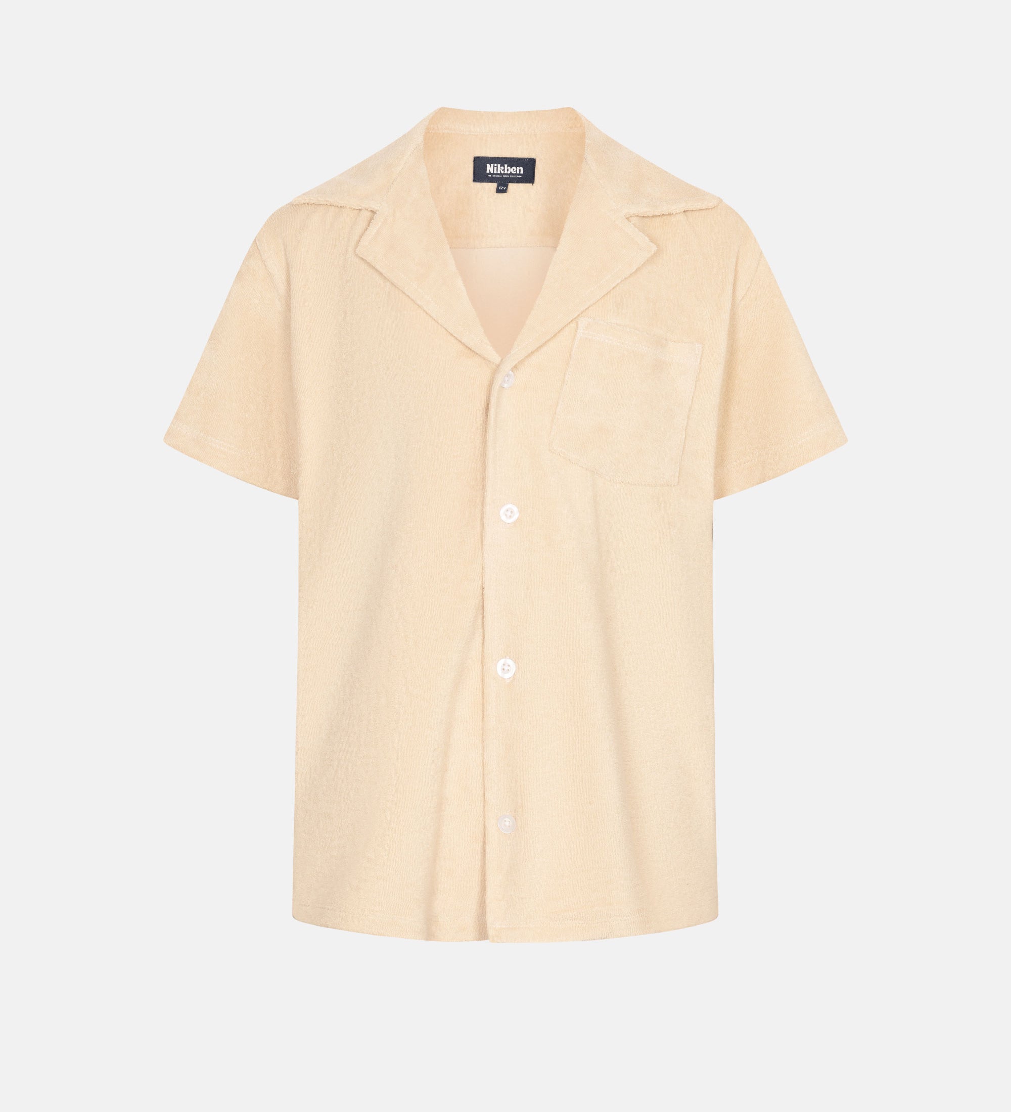 Beige short sleeve shirt with white button closure and one chest pocket