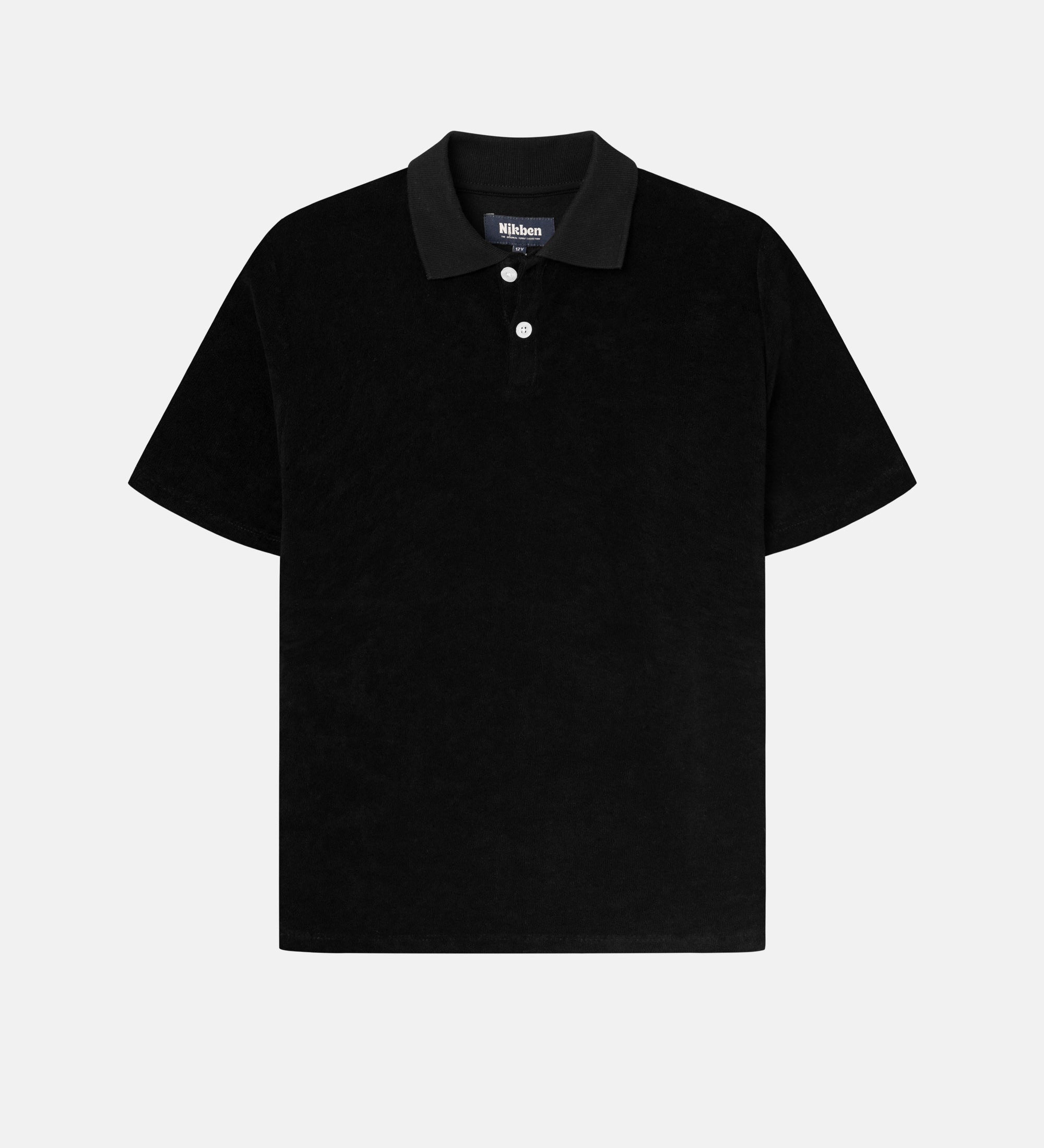 Black short sleeve piké shirt for kids in terry toweling fabric.
