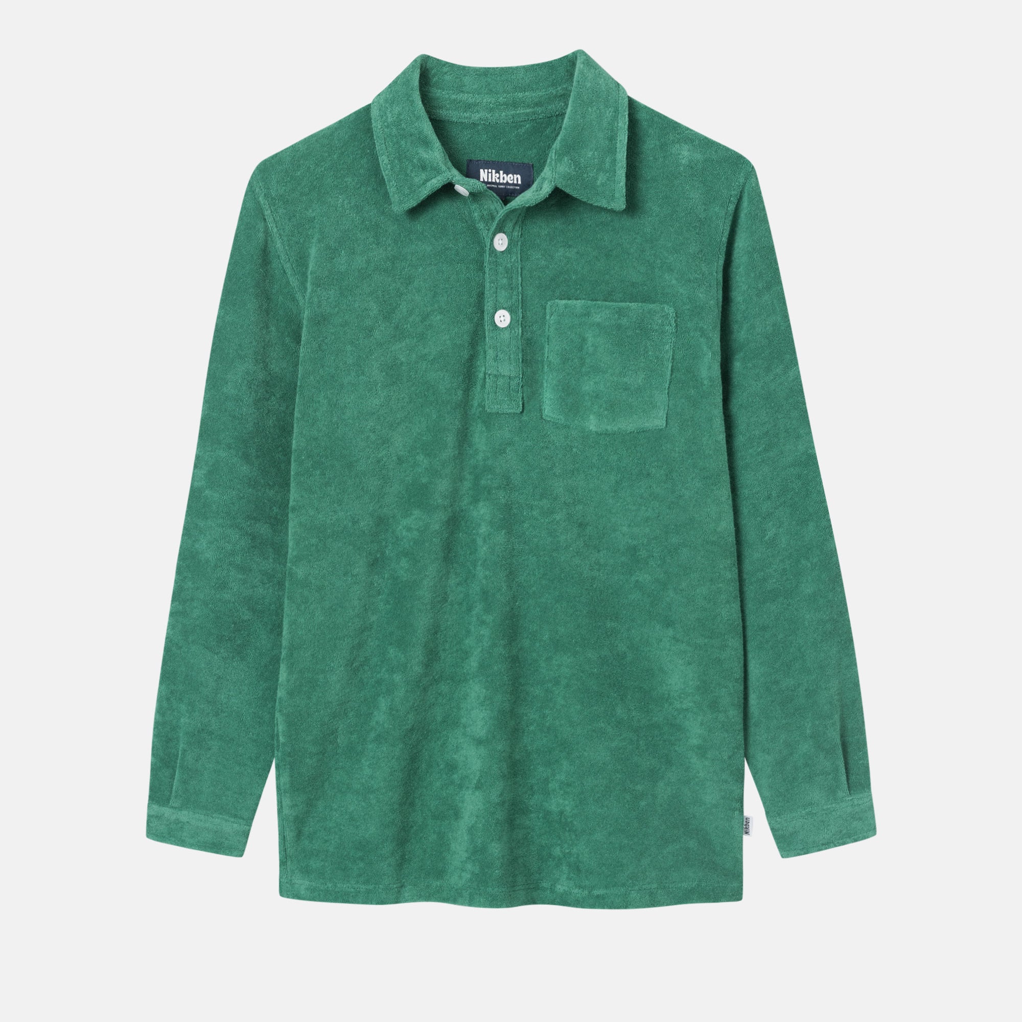 Green long sleeve shirt in terry toweling fabric for kids with half button closure and one chest pocket