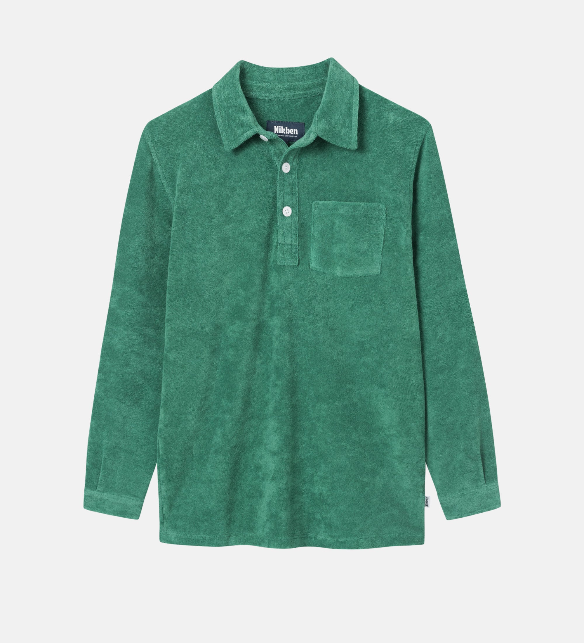 Green long sleeve shirt in terry toweling fabric for kids with half button closure and one chest pocket